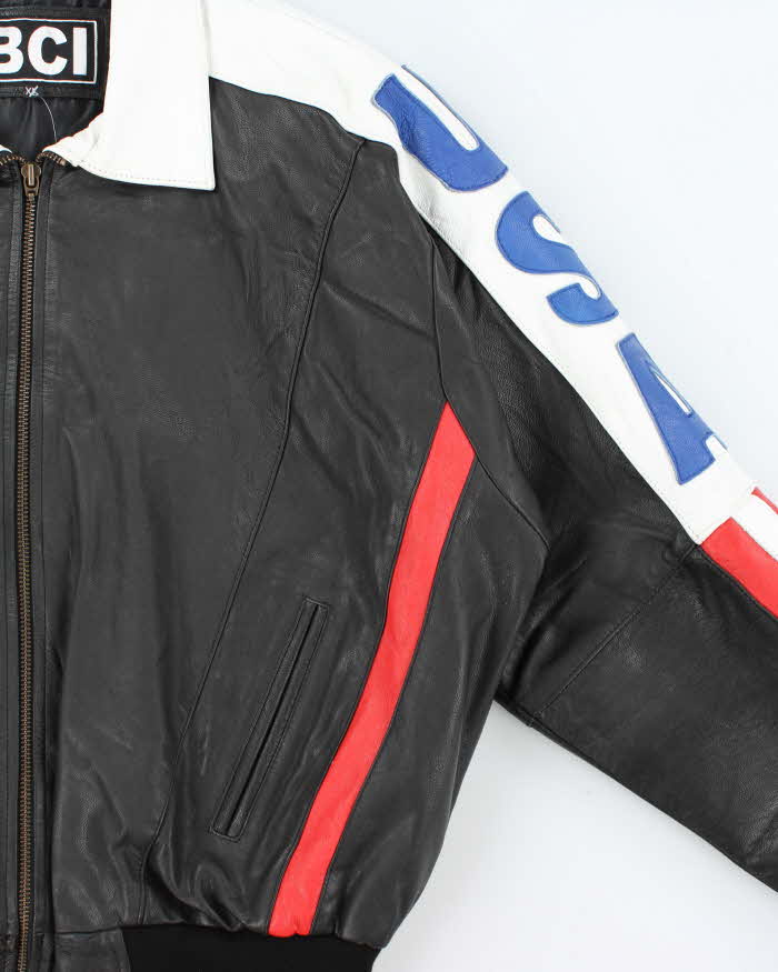 Vintage 1990s USA Spell-Out Flag Leather Collared Bomber Jacket - XL