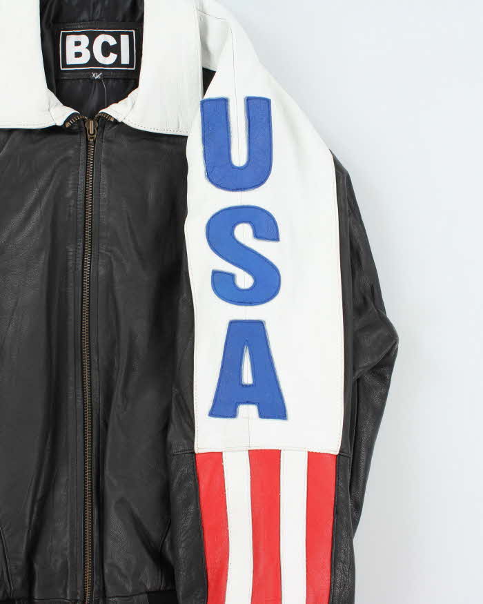 Vintage 1990s USA Spell-Out Flag Leather Collared Bomber Jacket - XL