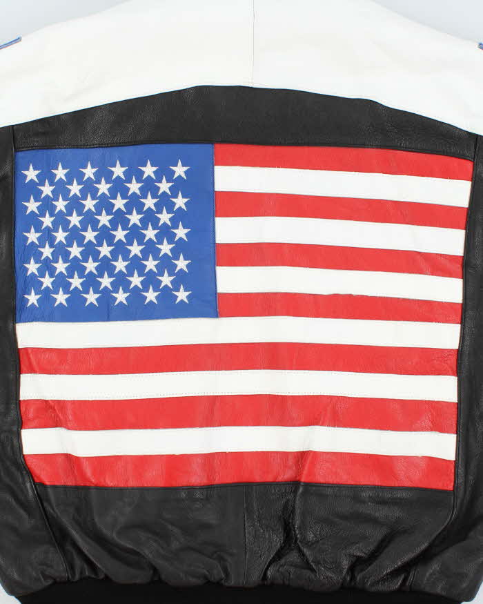 Vintage 1990s USA Spell-Out Flag Leather Collared Bomber Jacket - XL