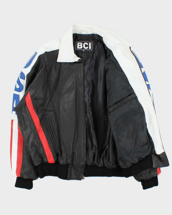 Vintage 1990s USA Spell-Out Flag Leather Collared Bomber Jacket - XL