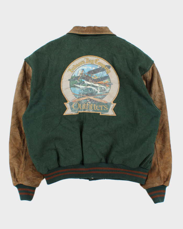 Vintage 1990s Hudson's Bay Company Wool Leather Collared Varsity Bomber Jacket - L