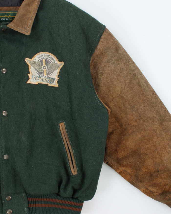Vintage 1990s Hudson's Bay Company Wool Leather Collared Varsity Bomber Jacket - L