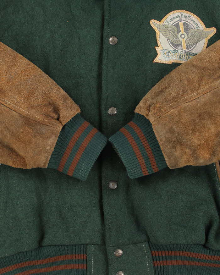 Vintage 1990s Hudson's Bay Company Wool Leather Collared Varsity Bomber Jacket - L