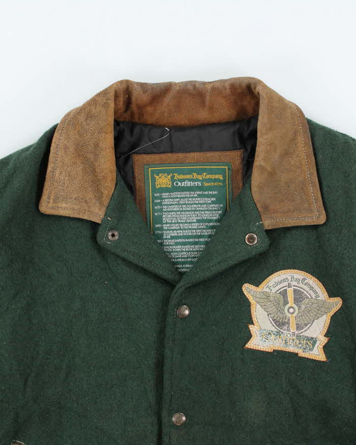 Vintage 1990s Hudson's Bay Company Wool Leather Collared Varsity Bomber Jacket - L