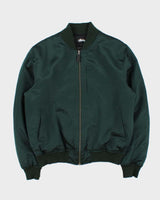 Vintage Stussy Emerald Green Quilt Lined Satin Varsity Bomber Jacket - L