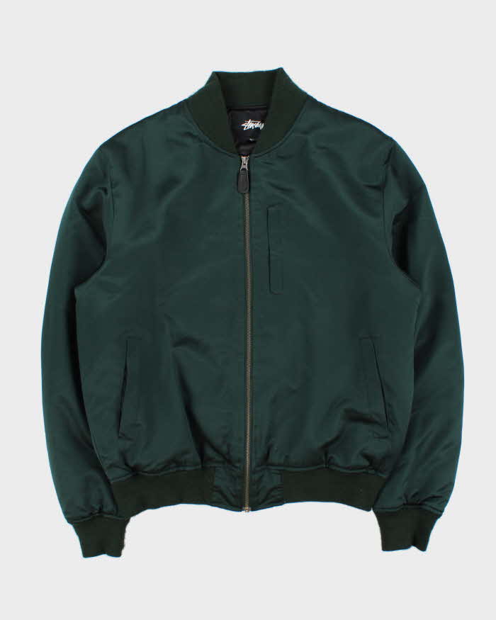 Vintage Stussy Emerald Green Quilt Lined Satin Varsity Bomber Jacket - L