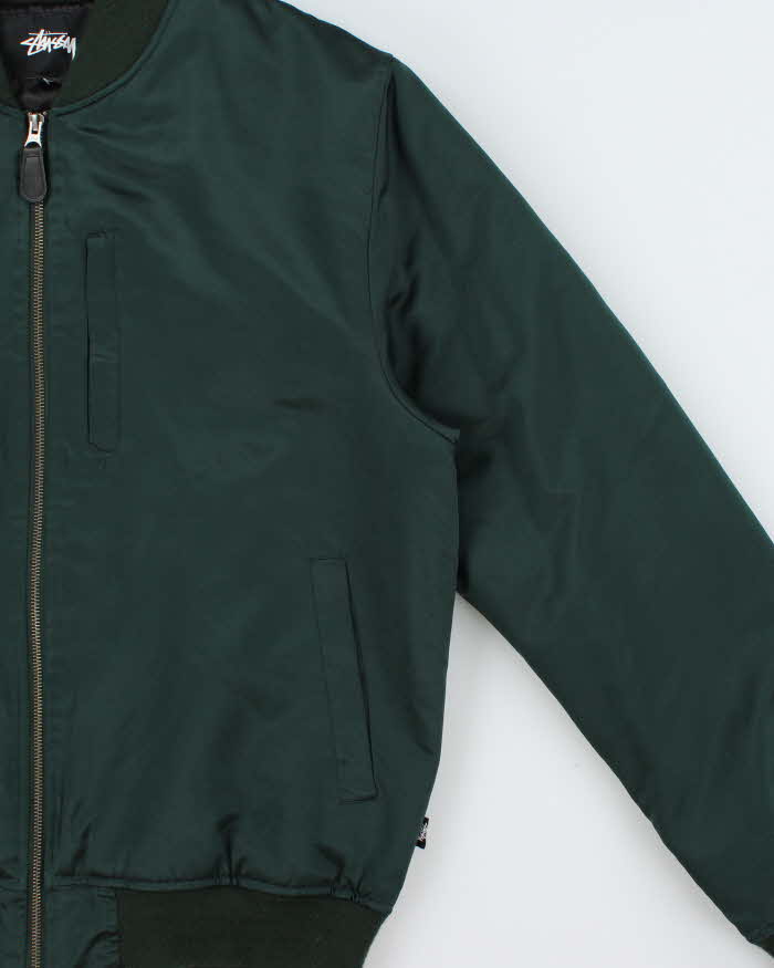 Vintage Stussy Emerald Green Quilt Lined Satin Varsity Bomber Jacket - L