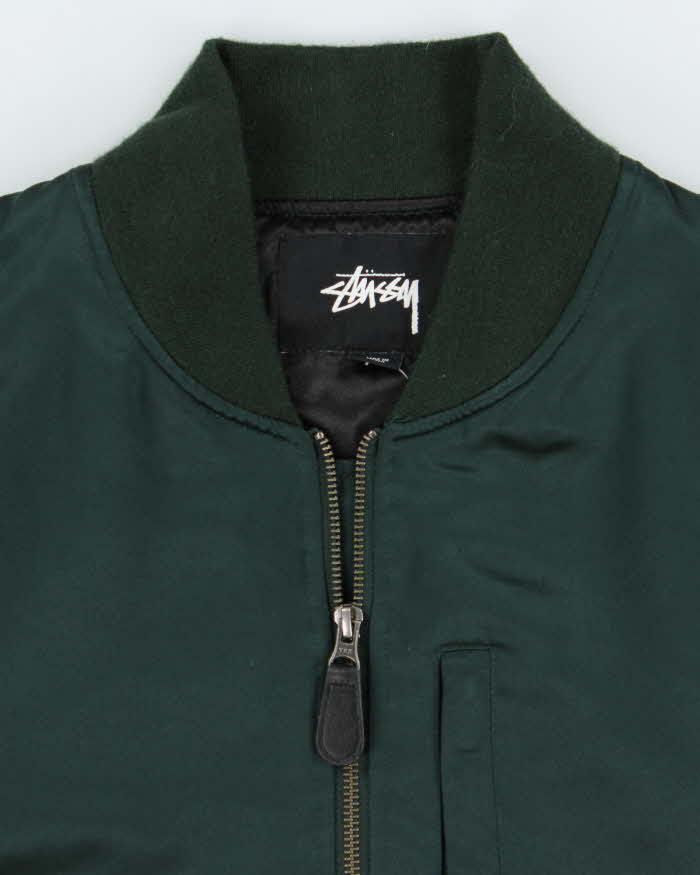 Vintage Stussy Emerald Green Quilt Lined Satin Varsity Bomber Jacket - L