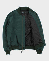 Vintage Stussy Emerald Green Quilt Lined Satin Varsity Bomber Jacket - L
