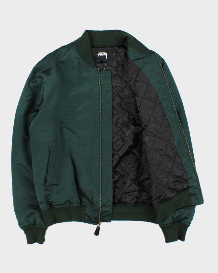 Vintage Stussy Emerald Green Quilt Lined Satin Varsity Bomber Jacket - L
