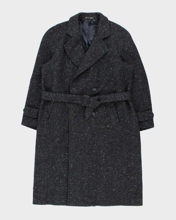 Vintage 1990s Pure Wool Made In England Speckled Herringbone Double Breasted Belted Overcoat - L