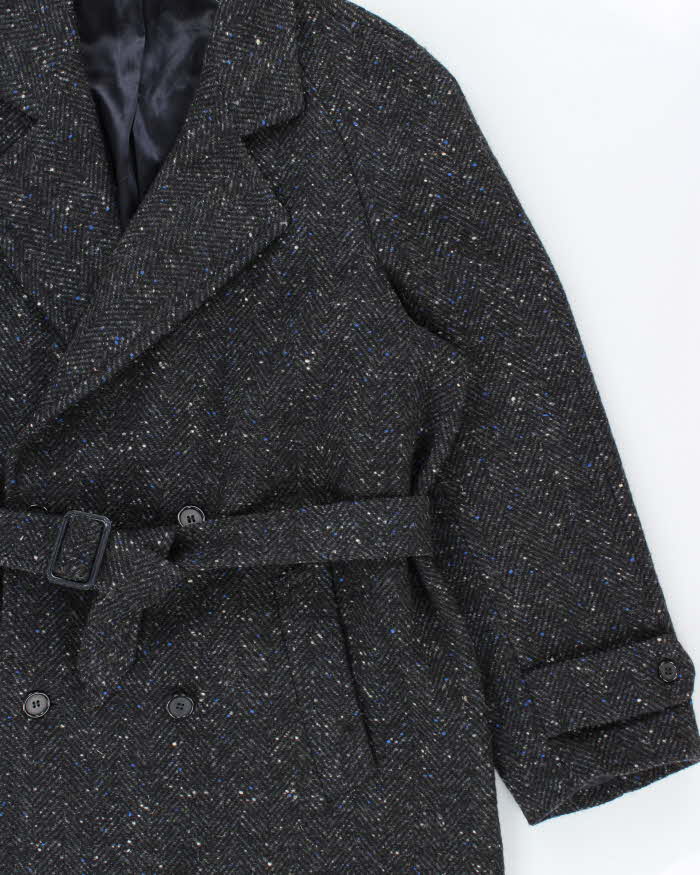 Vintage 1990s Pure Wool Made In England Speckled Herringbone Double Breasted Belted Overcoat - L