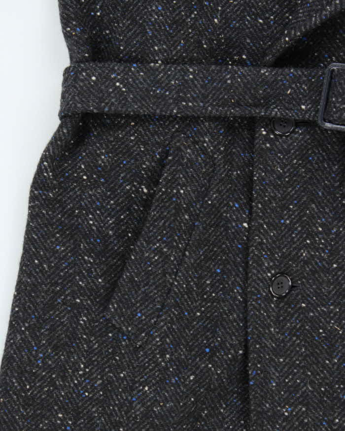 Vintage 1990s Pure Wool Made In England Speckled Herringbone Double Breasted Belted Overcoat - L