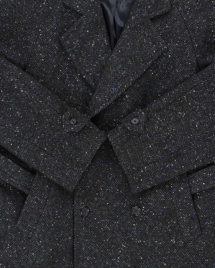 Vintage 1990s Pure Wool Made In England Speckled Herringbone Double Breasted Belted Overcoat - L