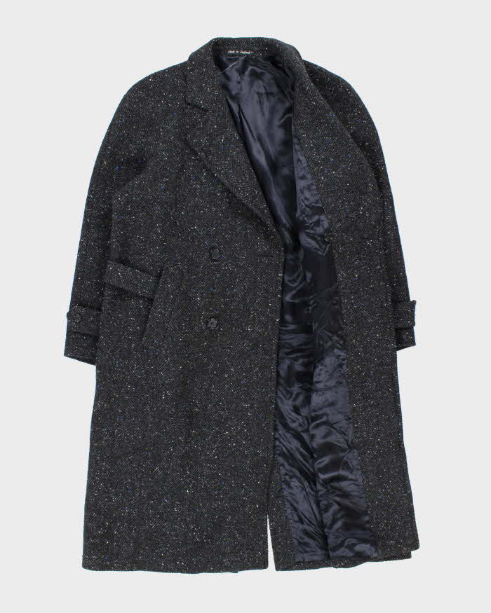 Vintage 1990s Pure Wool Made In England Speckled Herringbone Double Breasted Belted Overcoat - L