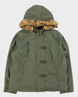 Vintage Y2K 00s Khaki Faux Fur Hooded Boxy Fireman Clasp Parka Jacket - M