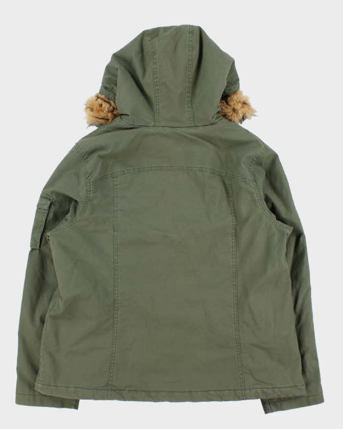 Vintage Y2K 00s Khaki Faux Fur Hooded Boxy Fireman Clasp Parka Jacket - M