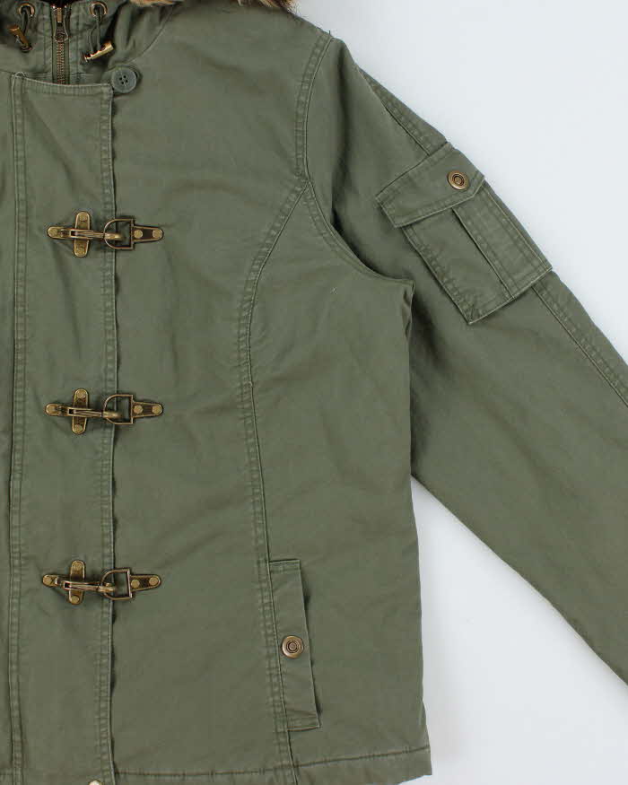Vintage Y2K 00s Khaki Faux Fur Hooded Boxy Fireman Clasp Parka Jacket - M
