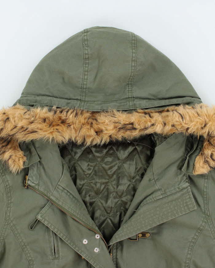 Vintage Y2K 00s Khaki Faux Fur Hooded Boxy Fireman Clasp Parka Jacket - M