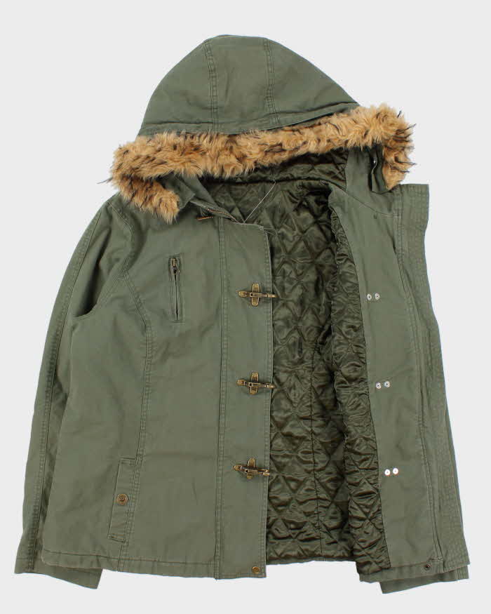 Vintage Y2K 00s Khaki Faux Fur Hooded Boxy Fireman Clasp Parka Jacket - M