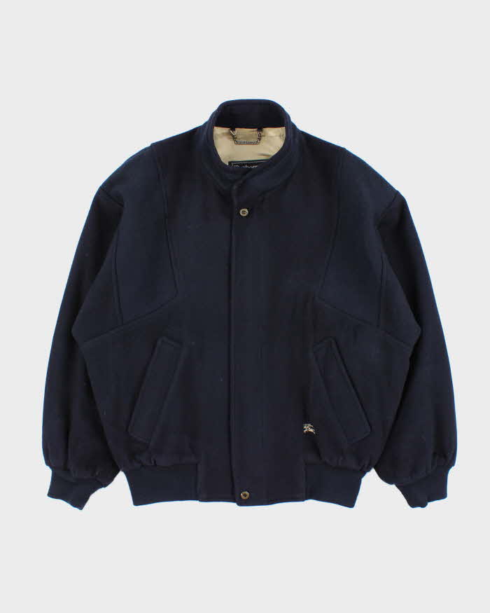Vintage 1980s Burberry Navy Pure Wool Satin Lined Bomber Jacket - S