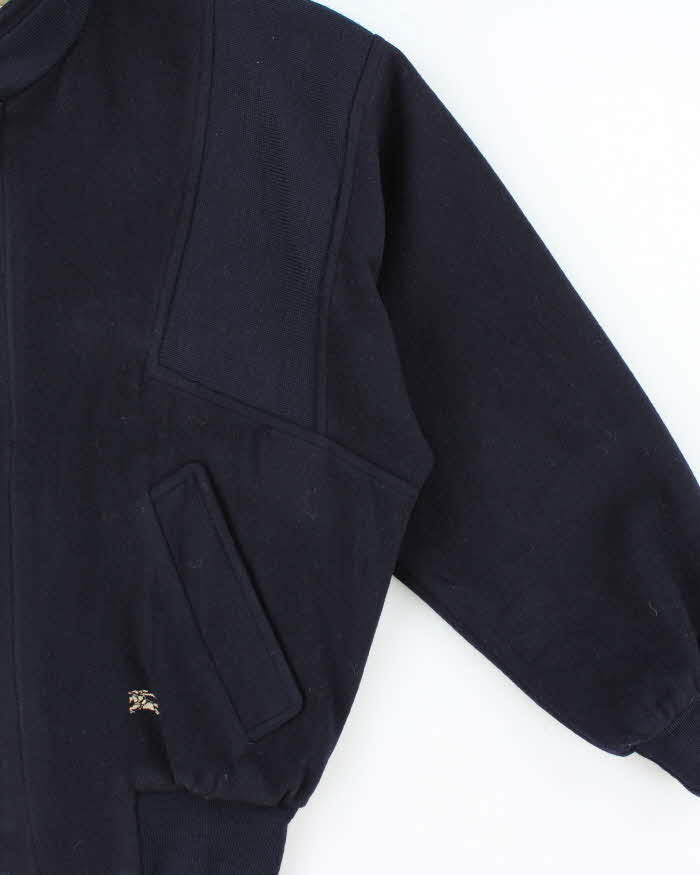 Vintage 1980s Burberry Navy Pure Wool Satin Lined Bomber Jacket - S