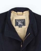 Vintage 1980s Burberry Navy Pure Wool Satin Lined Bomber Jacket - S
