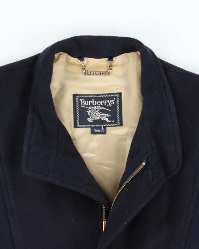 Vintage 1980s Burberry Navy Pure Wool Satin Lined Bomber Jacket - S