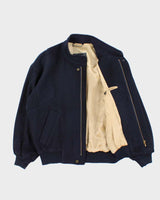 Vintage 1980s Burberry Navy Pure Wool Satin Lined Bomber Jacket - S