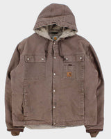 Vintage Carhartt J284 Firewood Multi Pocket Sandstone Sherpa Lined Duck Canvas Distressed Hooded Workwear Jacket - L