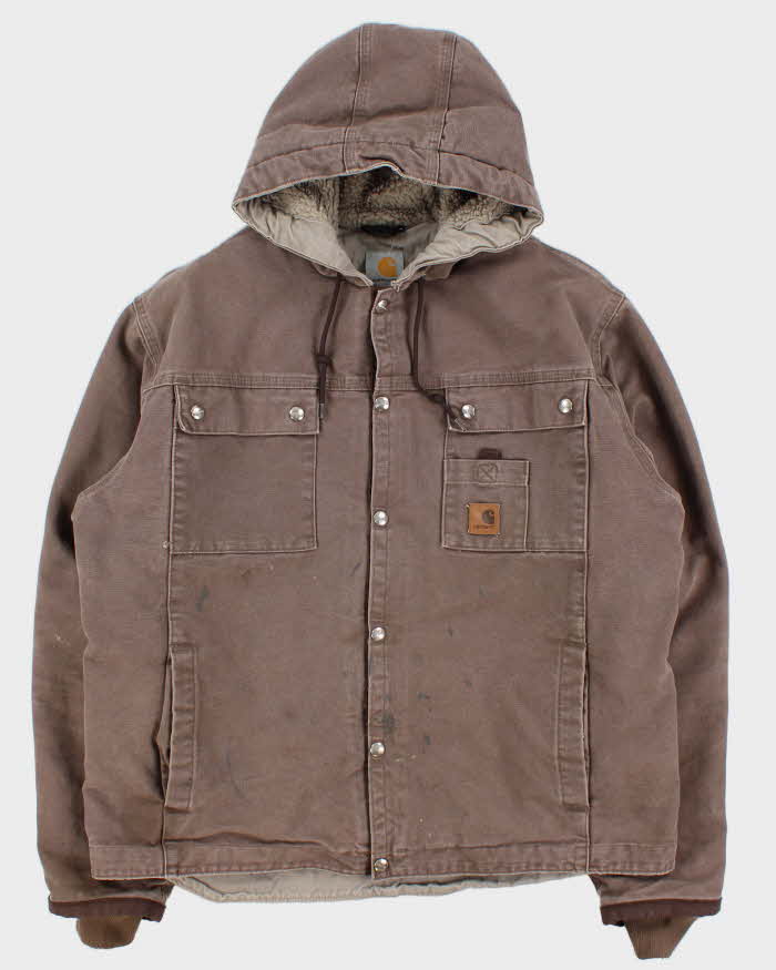 Vintage Carhartt J284 Firewood Multi Pocket Sandstone Sherpa Lined Duck Canvas Distressed Hooded Workwear Jacket - L