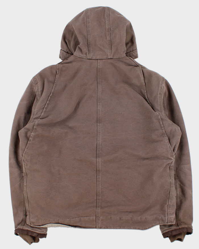 Vintage Carhartt J284 Firewood Multi Pocket Sandstone Sherpa Lined Duck Canvas Distressed Hooded Workwear Jacket - L