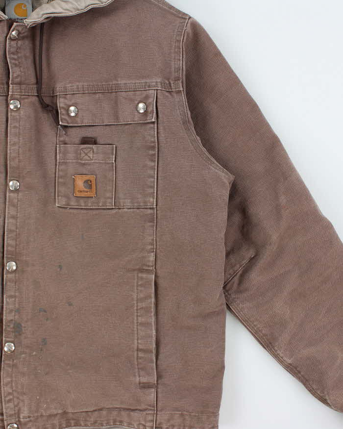 Vintage Carhartt J284 Firewood Multi Pocket Sandstone Sherpa Lined Duck Canvas Distressed Hooded Workwear Jacket - L