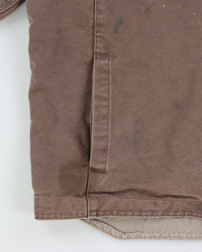 Vintage Carhartt J284 Firewood Multi Pocket Sandstone Sherpa Lined Duck Canvas Distressed Hooded Workwear Jacket - L