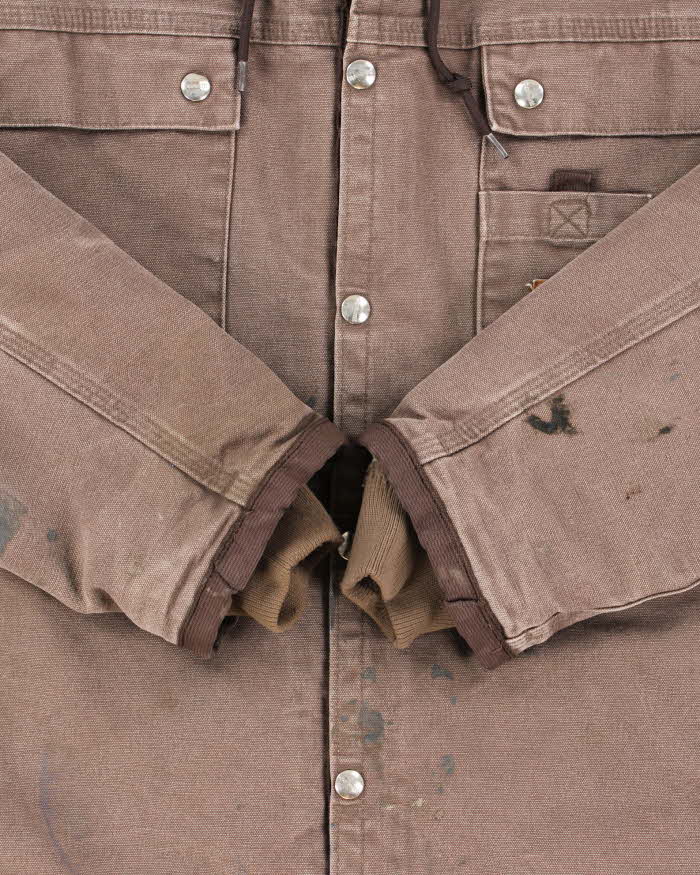 Vintage Carhartt J284 Firewood Multi Pocket Sandstone Sherpa Lined Duck Canvas Distressed Hooded Workwear Jacket - L