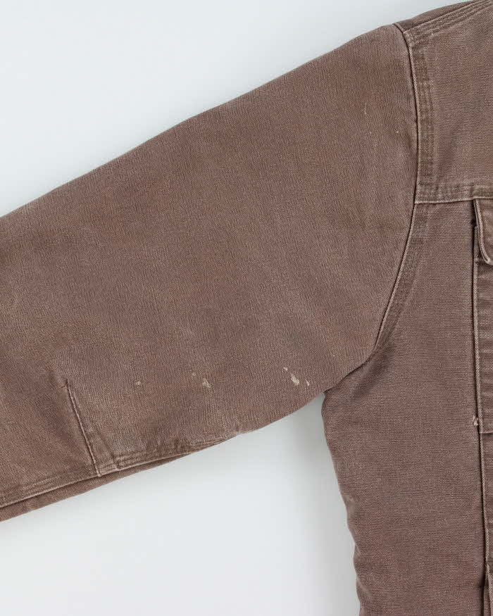 Vintage Carhartt J284 Firewood Multi Pocket Sandstone Sherpa Lined Duck Canvas Distressed Hooded Workwear Jacket - L