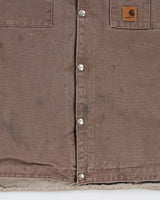 Vintage Carhartt J284 Firewood Multi Pocket Sandstone Sherpa Lined Duck Canvas Distressed Hooded Workwear Jacket - L