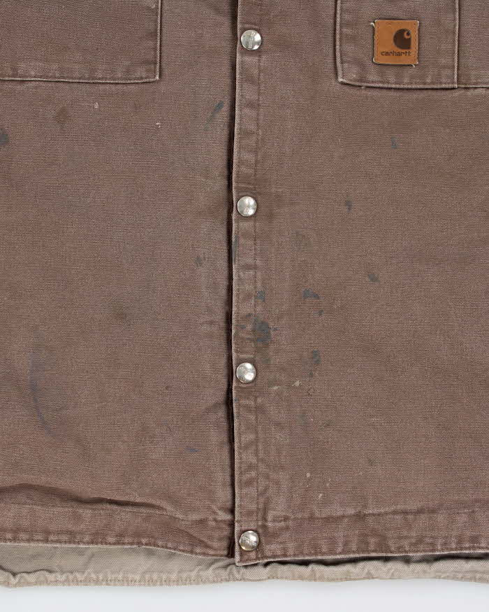 Vintage Carhartt J284 Firewood Multi Pocket Sandstone Sherpa Lined Duck Canvas Distressed Hooded Workwear Jacket - L