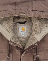 Vintage Carhartt J284 Firewood Multi Pocket Sandstone Sherpa Lined Duck Canvas Distressed Hooded Workwear Jacket - L