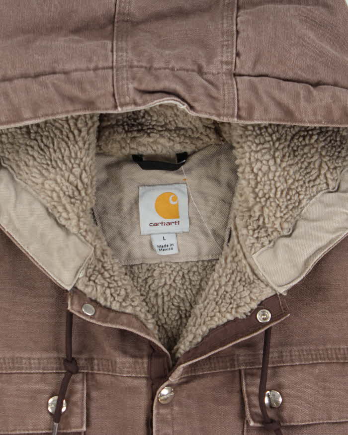 Vintage Carhartt J284 Firewood Multi Pocket Sandstone Sherpa Lined Duck Canvas Distressed Hooded Workwear Jacket - L
