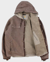 Vintage Carhartt J284 Firewood Multi Pocket Sandstone Sherpa Lined Duck Canvas Distressed Hooded Workwear Jacket - L