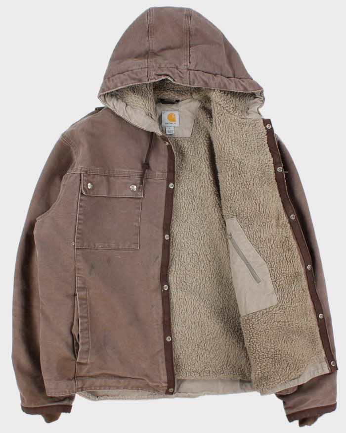 Vintage Carhartt J284 Firewood Multi Pocket Sandstone Sherpa Lined Duck Canvas Distressed Hooded Workwear Jacket - L