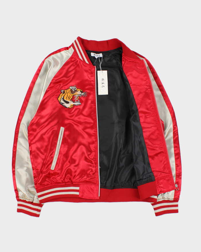 DSWT Vintage Y2K 00s Sukujan Japan Embroidered Satin Souvenir Varsity Jacket - L