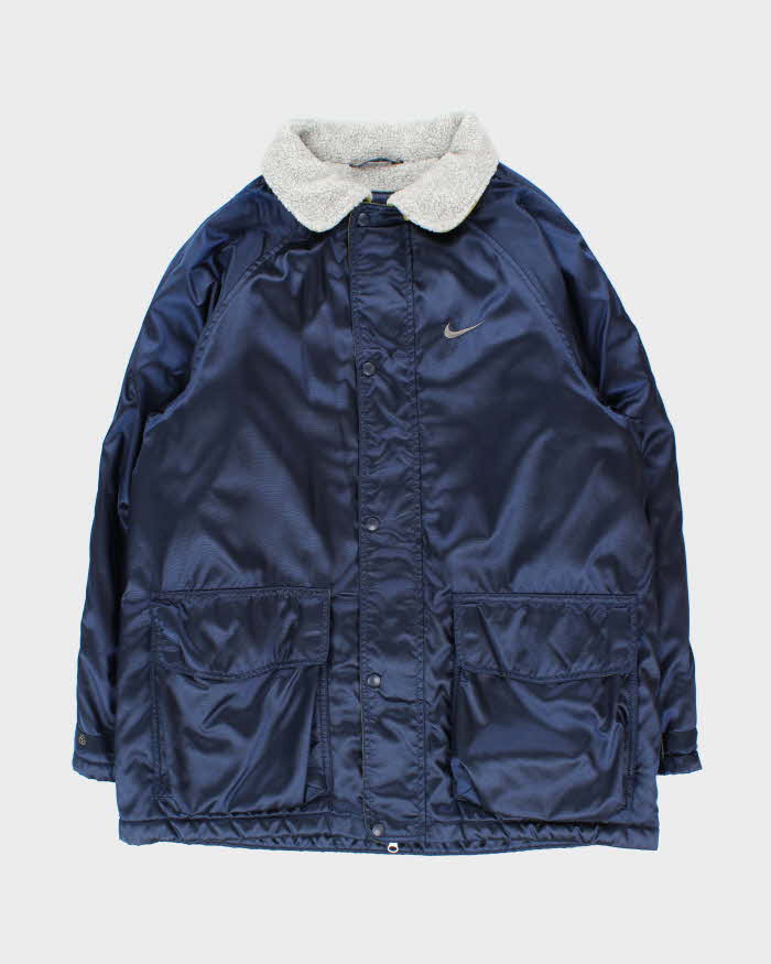 Vintage 1990s Nike Fleece Lined Satin Shell Big Swoosh Padded Coat - M