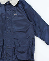 Vintage 1990s Nike Fleece Lined Satin Shell Big Swoosh Padded Coat - M