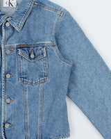 Vintage 1990s Calvin Klein Women's Medium Wash Cropped Denim Jacket - L