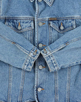 Vintage 1990s Calvin Klein Women's Medium Wash Cropped Denim Jacket - L