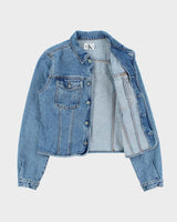Vintage 1990s Calvin Klein Women's Medium Wash Cropped Denim Jacket - L
