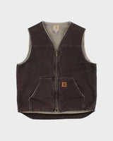 Vintage Carhartt V26 Sandstone Duck Canvas Sherpa Lined Rugged Workwear Gilet - L