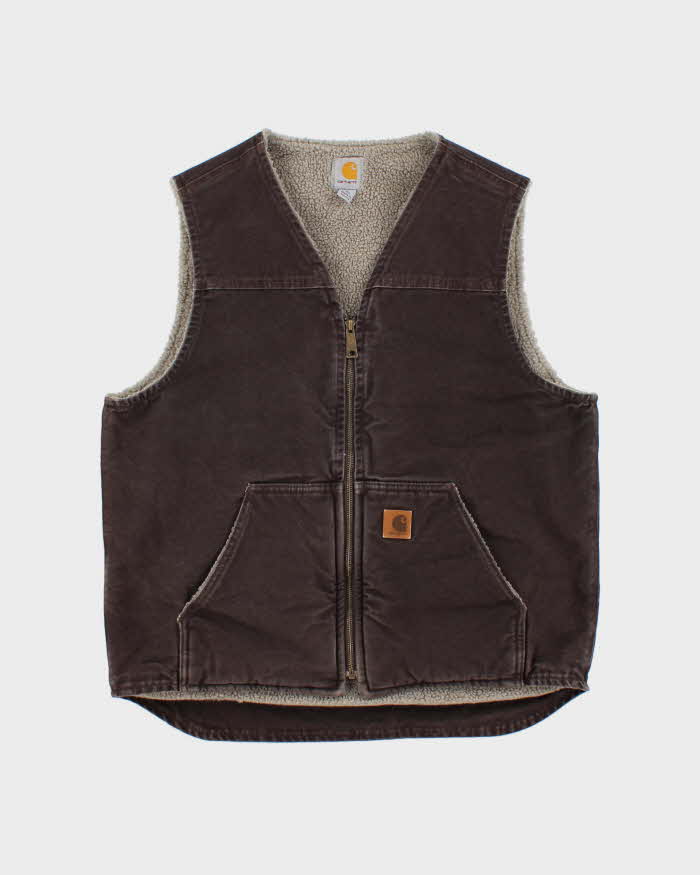 Vintage Carhartt V26 Sandstone Duck Canvas Sherpa Lined Rugged Workwear Gilet - L